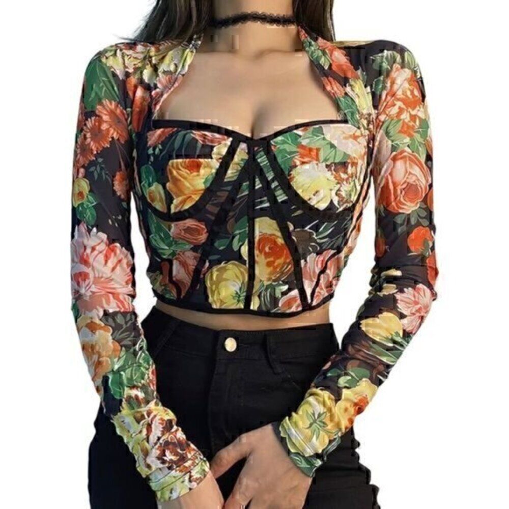 Floral Long Sleeve Corset Sweetheart Bodycon Mesh Crop Top Ruched Bustier L - Picture 1 of 6